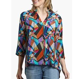 New APNY Womens Large Top Blouse Geo Abstract Art Tassel Split Neck Chiffon